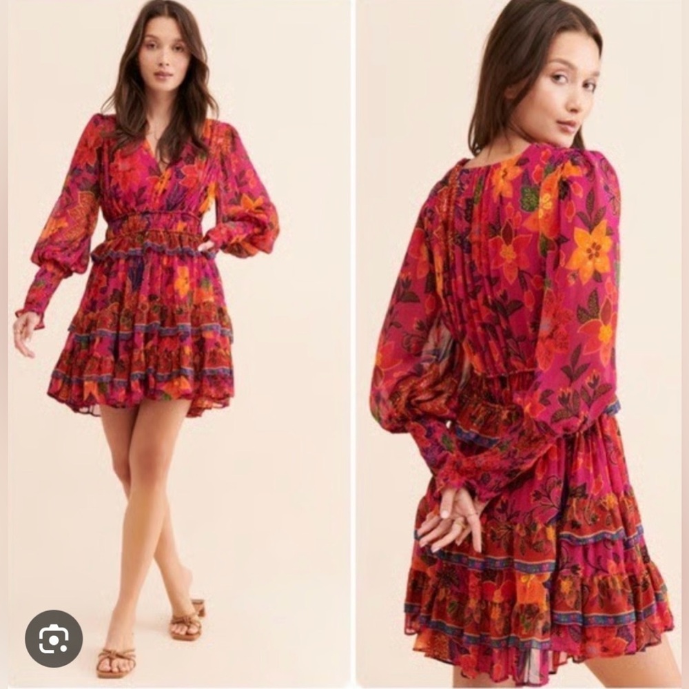 Farm Rio Tropical Tapestry Tiered Puff-Sleeve Mini Dress
